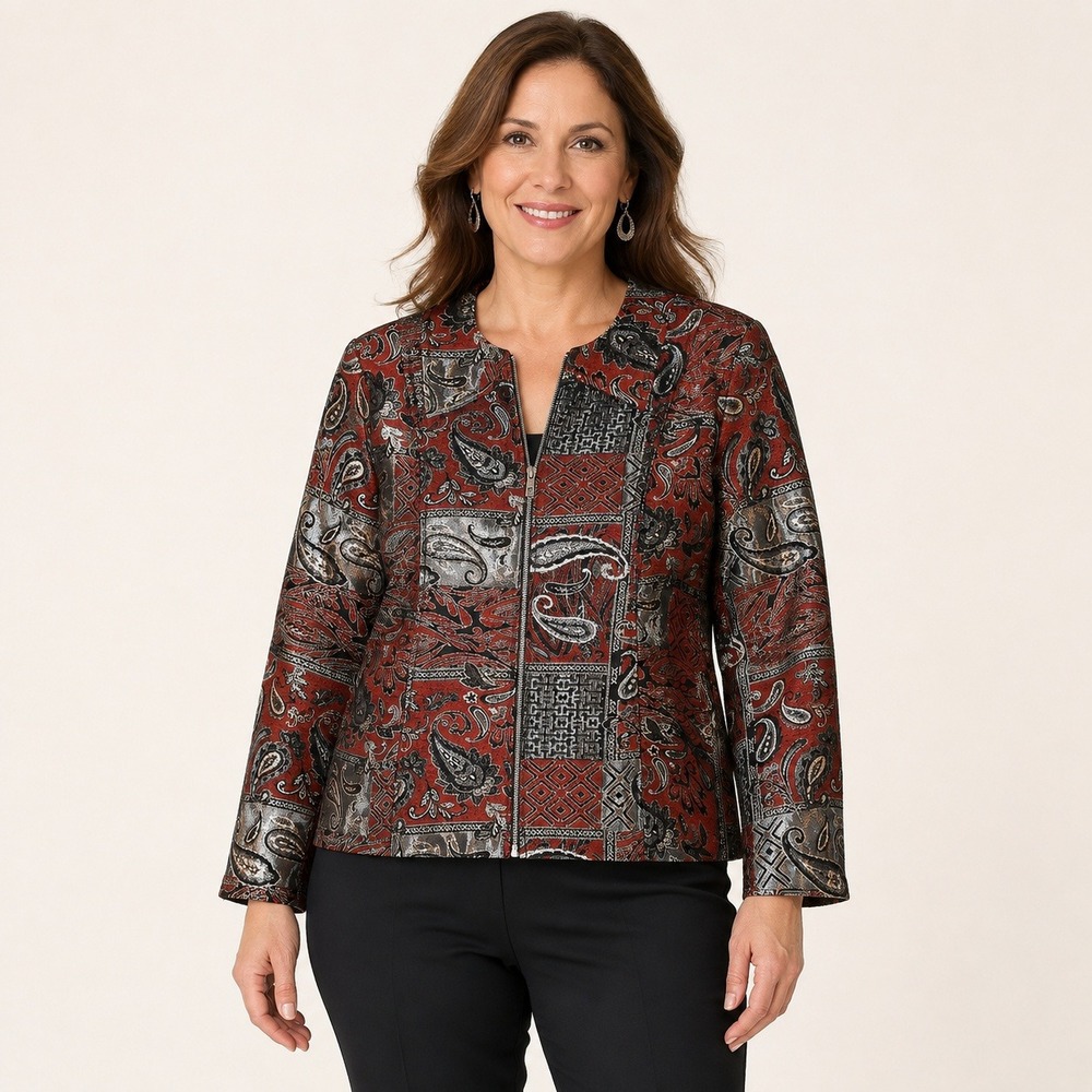 Christopher & Banks Women's L Red Metallic Paisley Jacquard Zip Jacket - Picture 1 of 12